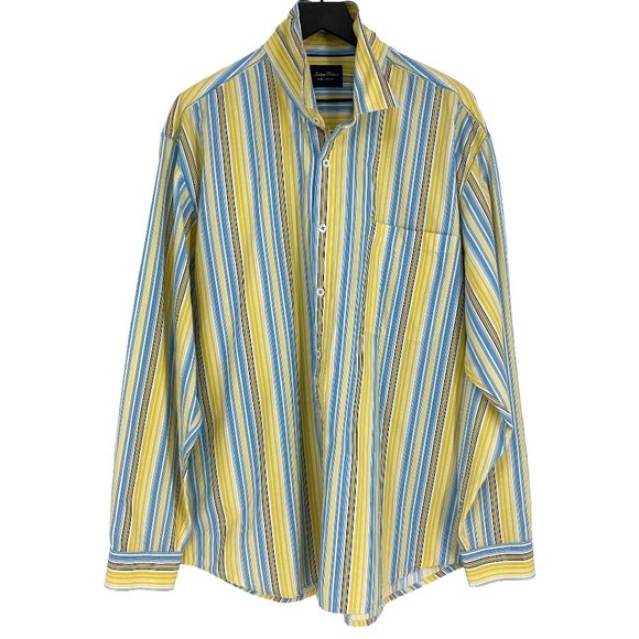 INDIGO PALMS Yellow Multi-Stripe Embroidered Button Up Long Sleeve Shirt Size XL - Picture 1 of 16